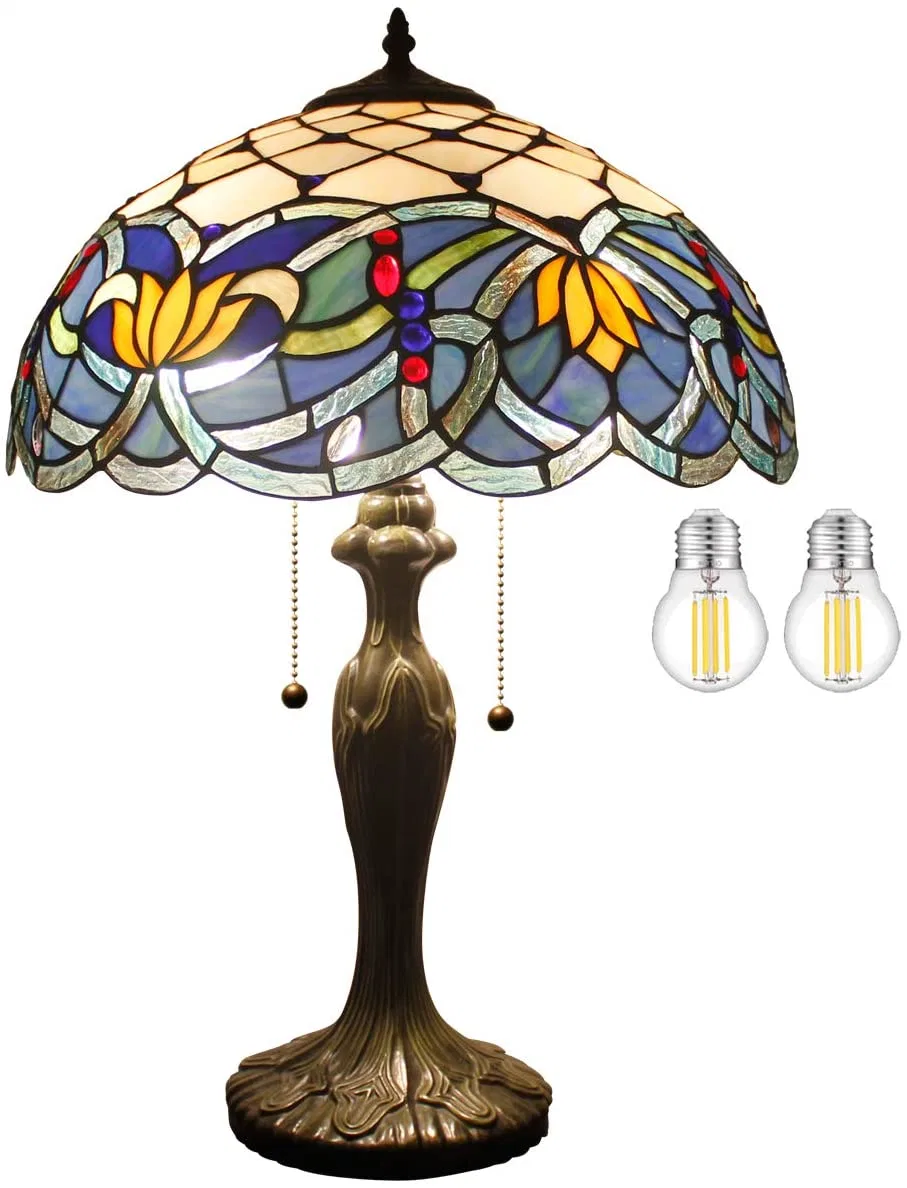 Tiffany Table Lamp Stained Glass Bedside Lamp Living Room Bedroom Tall Blue Lotus Luxurious Farmhouse Large Desk Light Industrial Retro Metal Base Memory Lam